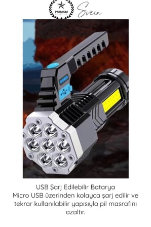 #Fener USB Şarjlı El Feneri 7 XPE COB LED 5 Modlu Şarj Göstergeli Güçlü Işıldak ABS Gövdeli Taşınabilir Kamp Av Balıkçılık Acil Durum Outdoor Aydınlatma Feneri