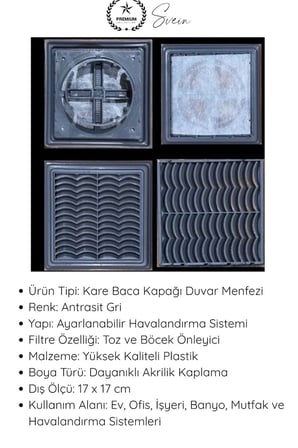 #Menfez Kare Baca Kapağı Ayarlı Duvar Menfezi Antrasit Gri Filtreli Havalandırma Kapağı Plastik Ventilasyon Paneli Toz Böcek Önleyici Dekoratif Hava Çıkış Izgarası Dayanıklı Kullanım 17x17 cm