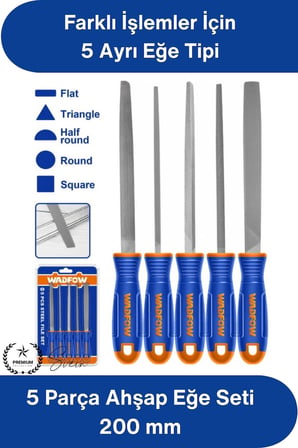 #EğeSeti 5 Parça Metal Eğe Seti 200 mm Karbon Çelik Orta Pürüzlü Düz Yuvarlak Yarım Yuvarlak Kare Üçgen Törpü Ergonomik Sap Demir Çelik Bakır Alüminyum El İşleme Profesyonel