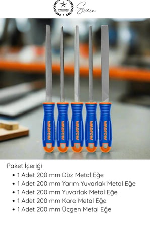 #EğeSeti 5 Parça Metal Eğe Seti 200 mm Karbon Çelik Orta Pürüzlü Düz Yuvarlak Yarım Yuvarlak Kare Üçgen Törpü Ergonomik Sap Demir Çelik Bakır Alüminyum El İşleme Profesyonel