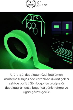 #FosforluBant Gece Parlayan Fosforlu Fotolümen Bant 15mm x 5 Metre Kendinden Yapışkanlı Acil Çıkış Yönlendirme Şeridi Güvenlik Merdiven Basamak Uyarı İşaretleme Işık Depolayan Parlak İz Bantı