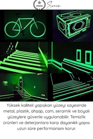 #FosforluBant Gece Parlayan Fosforlu Fotolümen Bant 15mm x 5 Metre Kendinden Yapışkanlı Acil Çıkış Yönlendirme Şeridi Güvenlik Merdiven Basamak Uyarı İşaretleme Işık Depolayan Parlak İz Bantı