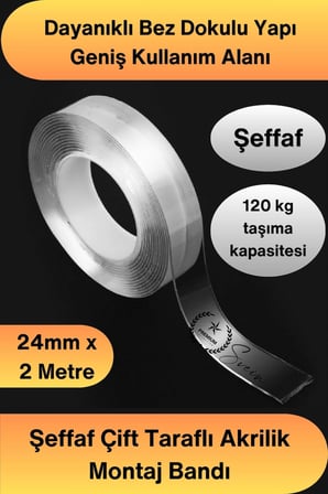 #ÇiftTaraflıBant 120 Kg Taşıma Kapasiteli Şeffaf Çift Taraflı Akrilik Montaj Bandı 24mm x 2 Metre Güçlü Yapışkan İz Bırakmayan Silikonize Sabitleme Bantı Cam Duvar Metal Plastik Ahşap Otomotiv Ayna