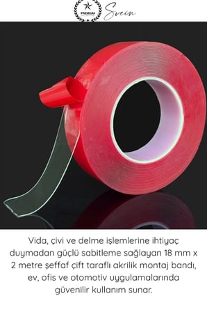 #ÇiftTaraflıBant Şeffaf Çift Taraflı Akrilik Montaj Bandı 18mm x 2 Metre Güçlü Yapışkan İz Bırakmayan Silikonize Nano Sabitleme Bandı Cam Duvar Ayna Otomotiv Çıta Logo Askılık Pano Ev Ofis Kullanımı