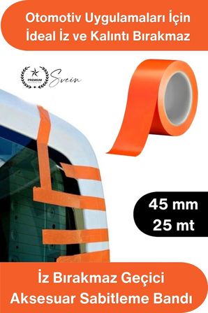 #SabitlemeBandı İz Bırakmaz Turuncu Geçici Aksesuar Sabitleme Bandı 45mm x 25m Oto Cam Montaj Spoiler Çıta Plaka Anten Koruma Boya Dostu Güçlü Yapışkan Transfer Maskeleme Uygulama Rulosu
