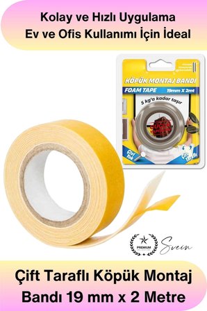 #KöpükBant 5 Kg Çift Taraflı Köpük Montaj Bandı 19mm 2 Metre Güçlü Yapışkan Duvar Bant Beyaz Çerçeve Ayna Poster Dekorasyon Sabitleme Vida Gerektirmeyen İç Mekan Yapıştırma Aparatı