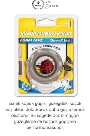 #KöpükBant 5 Kg Çift Taraflı Köpük Montaj Bandı 19mm 2 Metre Güçlü Yapışkan Duvar Bant Beyaz Çerçeve Ayna Poster Dekorasyon Sabitleme Vida Gerektirmeyen İç Mekan Yapıştırma Aparatı