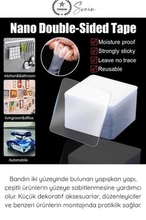 #ÇiftTaraflıBant 4x4 cm Şeffaf Nano Bant Çift Taraflı Güçlü Yapışkan Su Geçirmez Çivi Gerektirmeyen Sabitleyici Duvar Aksesuar Askı Dekorasyon Montaj Aparatı Kare Kesilebilir Çok Amaçlı Sökülebilir