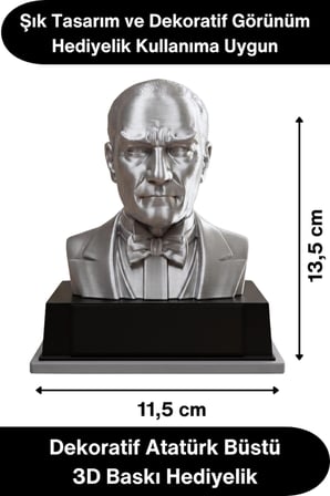 #Atatürk Mustafa Kemal Atatürk Büstü 3D Baskı Dekorasyon Biblo Gümüş Gri Premium Tasarım Şık Obje Ev Ofis Masa Süsü Öğretmen Hediyesi Koleksiyonluk Figür Hediyelik Masaüstü Öğretmenler Günü