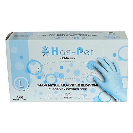 Has-Pet Pudrasız Mavi Nitril Eldiven Büyük Boy (L) 100 Lü Paket