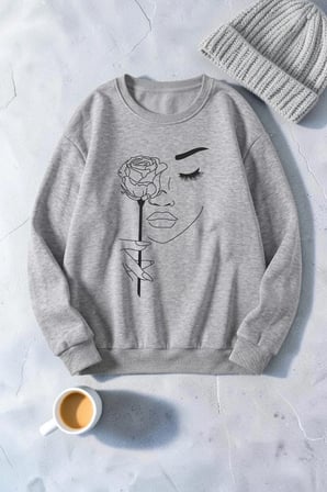 Unisex Gül & Silüet Baskılı Bisiklet Yaka Sweatshirt