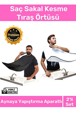 Deluxe Pratik Vakumlu Aynaya Yapıştırma Aparatlı Evde Saç Sakal Kesme Siyah- Beyaz Set Tıraş Örtüsü