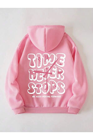 Pembe Time Never Baskılı Oversize Kapüşonlu Sweatshirt