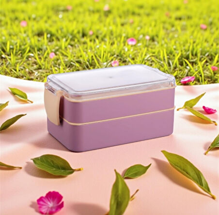 Titiz Fely 2 katlı Öğle Yemeği Kabı - Çatal Kaşık Dahil - Sızdırmaz & Kilitli Lunch Box- Mor Renk