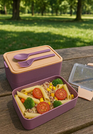 Titiz Fely 2 katlı Öğle Yemeği Kabı - Çatal Kaşık Dahil - Sızdırmaz & Kilitli Lunch Box- Mor Renk
