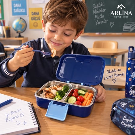 Arlina Home Kids Paslanmaz Çelik 4 Bölmeli Astronot Model Beslenme Kutusu 1030ML