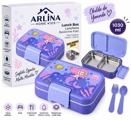 304 Paslanmaz Çelik 4 Bölmeli Deniz KızıModel Beslenme Kutusu 1030ML