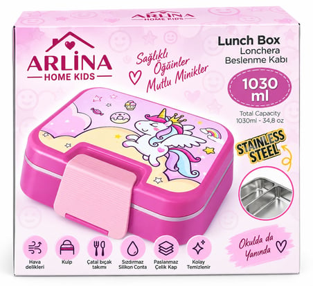 304 Paslanmaz Çelik 4 Bölmeli Unicorn Model Beslenme Kutusu 1030ML