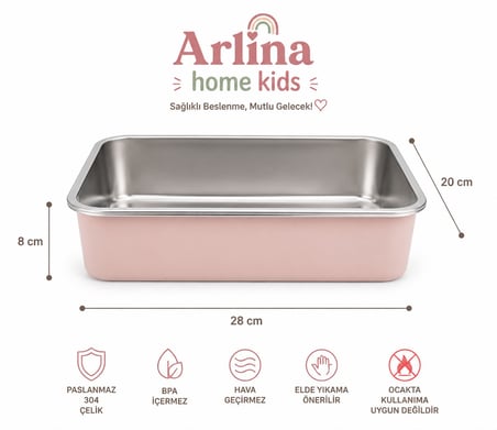 Arlina Home Kids 3'lü Vakumlu Saklama Kabı Seti 304 Paslanmaz Çelik Pembe