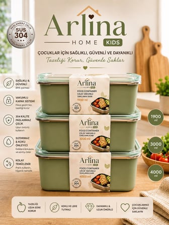 Arlina Home Kids 3'lü Vakumlu Saklama Kabı Seti Yeşil 304 Paslanmaz Çelik
