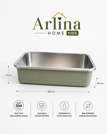 Arlina Home Kids 3'lü Vakumlu Saklama Kabı Seti Yeşil 304 Paslanmaz Çelik