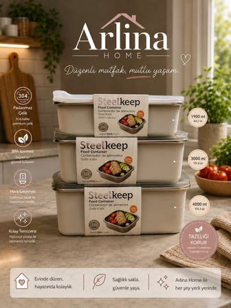 Arlina Home Kids 3 Lü Vakumlu Saklama Kabı Seti 304 Paslanmaz Çelik Krem 4000 ML 3000 ML 1900 ML