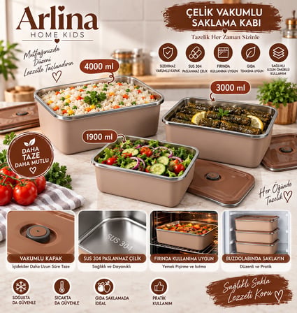 Arlina Home Kids 3'lü Çelik Vakumlu Saklama Kabı Seti Kahverengi 1900 ml 3000 ml 4000 ml