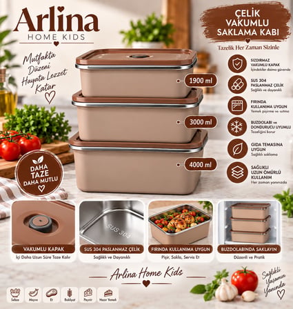 Arlina Home Kids 3'lü Çelik Vakumlu Saklama Kabı Seti Kahverengi 1900 ml 3000 ml 4000 ml