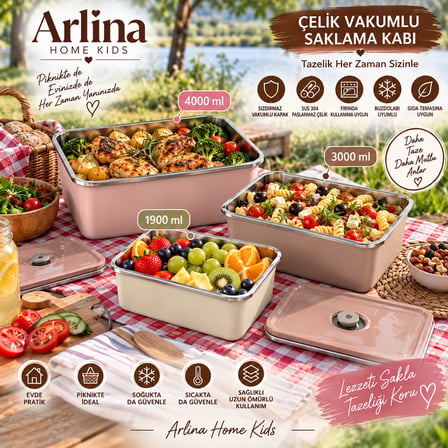 Arlina Home Kids Çelik Vakumlu Saklama Kabı Seti 3'lü 1900 ml 3000 ml 4000 ml