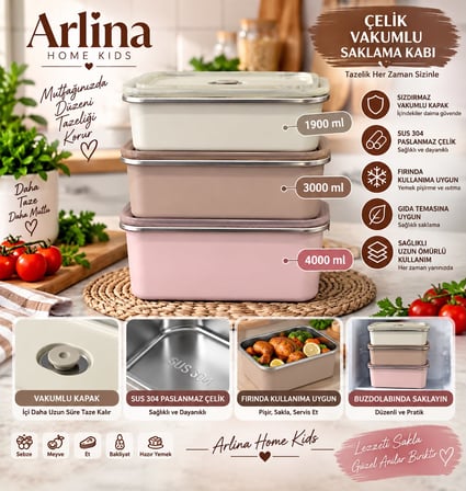 Arlina Home Kids Çelik Vakumlu Saklama Kabı Seti 3'lü 1900 ml 3000 ml 4000 ml