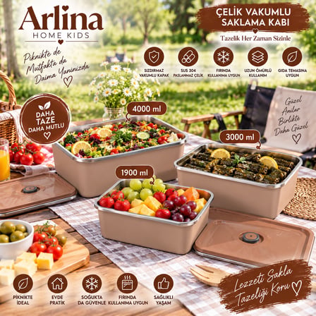 Arlina Home Kids Çelik Vakumlu Saklama Kabı Seti 3'lü 1900 ml 3000 ml 4000 ml