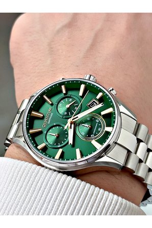 Fonksiyonlu Gümüş-Yeşil Renk Safir Cam Çelik Kordon Çelik Kasa Erkek Kol Saati 1193MR