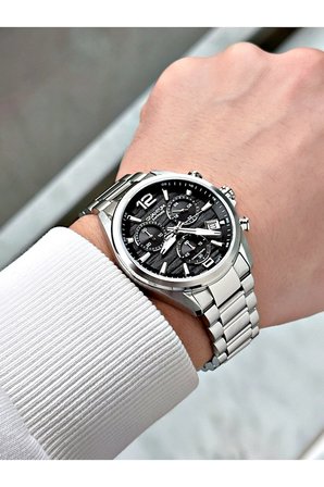 Fonksiyonlu Gümüş-Siyah Renk Safir Cam Çelik Kordon Çelik Kasa Erkek Kol Saati 1259MR