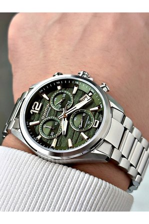 Fonksiyonlu Gümüş-Yeşil Renk Safir Cam Çelik Kordon Çelik Kasa Erkek Kol Saati 1259MR