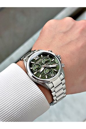 Fonksiyonlu Gümüş-Yeşil Renk Safir Cam Çelik Kordon Çelik Kasa Erkek Kol Saati 1259MR
