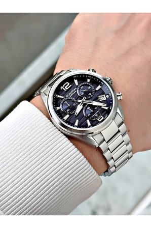 Fonksiyonlu Gümüş-Lacivert Renk Safir Cam Çelik Kordon Çelik Kasa Erkek Kol Saati 1259MR
