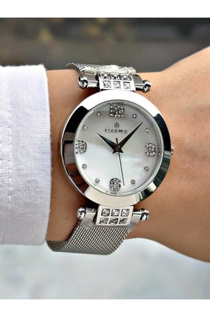 Özel Tasarım Gümüş Renk Çelik Hasır Kordon Kadın Kol Saati ES6547MR