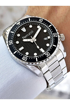 Takvimli Gümüş-Siyah Renk Su Geçirmez Çelik Kordon Erkek Kol Saati