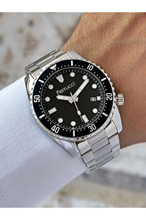 Takvimli Gümüş-Siyah Renk Su Geçirmez Çelik Kordon Erkek Kol Saati