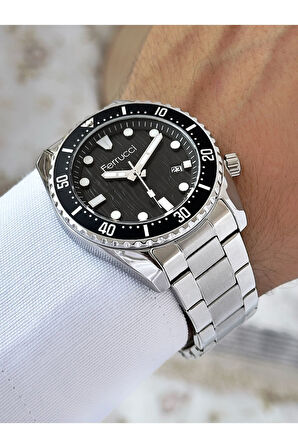 Takvimli Gümüş-Siyah Renk Su Geçirmez Çelik Kordon Erkek Kol Saati