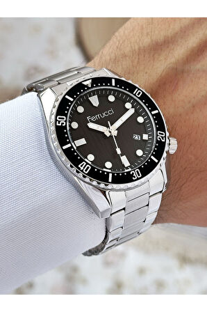 Takvimli Gümüş-Siyah Renk Su Geçirmez Çelik Kordon Erkek Kol Saati