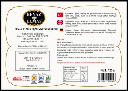 Beyaz Elmas Küçük Boy Pişmaniye 125 Gr - Kakaolu Geleneksel Türk Pişmaniyesi - Tel Helva