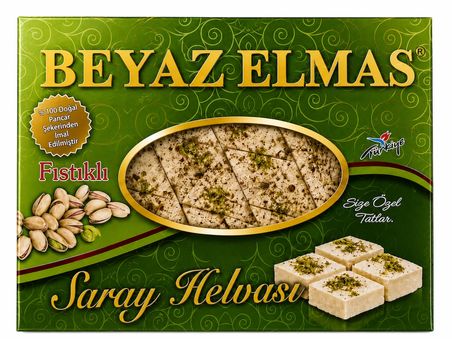 beyaz elmas fıstıklı saray helvası 250 gr -  pancar şekerinden üretilmiştir - antep fıstıklı geleneksel tel helva