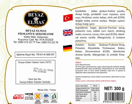 Beyaz Elmas Çifte Kavrulmuş Lokum 300 Gr - Antep Fıstıklı Türk Lokumu - Hindistan Cevizli Premium Lokum