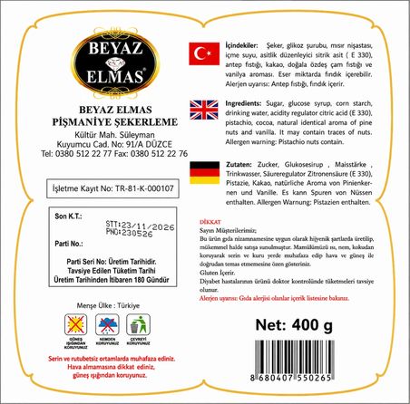 Beyaz Elmas Çifte Kavrulmuş Lokum 400 Gr Antep Fıstıklı Geleneksel Türk Lokumu