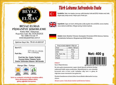 beyaz elmas kare safranbolu lokumu 400 gr - glikoz şurubu i̇çermez -  şeker pancarından üretilmiştir - fındıklı türk lokumu