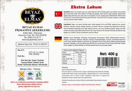 beyaz elmas kare çeşnili lokum 400 gr -  pancar şekerli - karışık kuruyemişli ve meyve aromalı türk lokumu