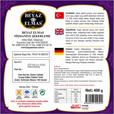 Beyaz Elmas Çifte Kavrulmuş Sultan Lokum 400 Gr - Antep Fıstıklı Geleneksel Türk Lokumu - Premium Lokum