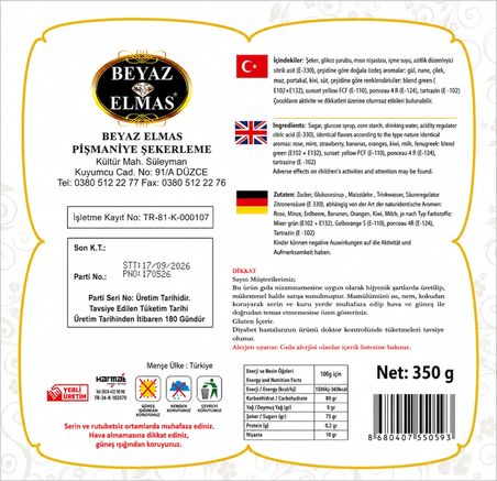 Beyaz Elmas Kuş Lokumu 350 Gr - Geleneksel Türk Lokumu - Karışık Meyve Aromalı İkramlık Lokum