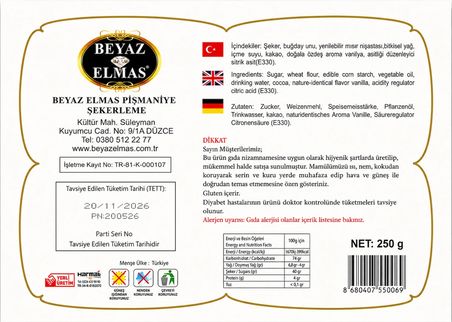Beyaz Elmas Büyük Boy Pişmaniye 250 Gr - Kakaolu Geleneksel Türk Pişmaniyesi - Tel Helva